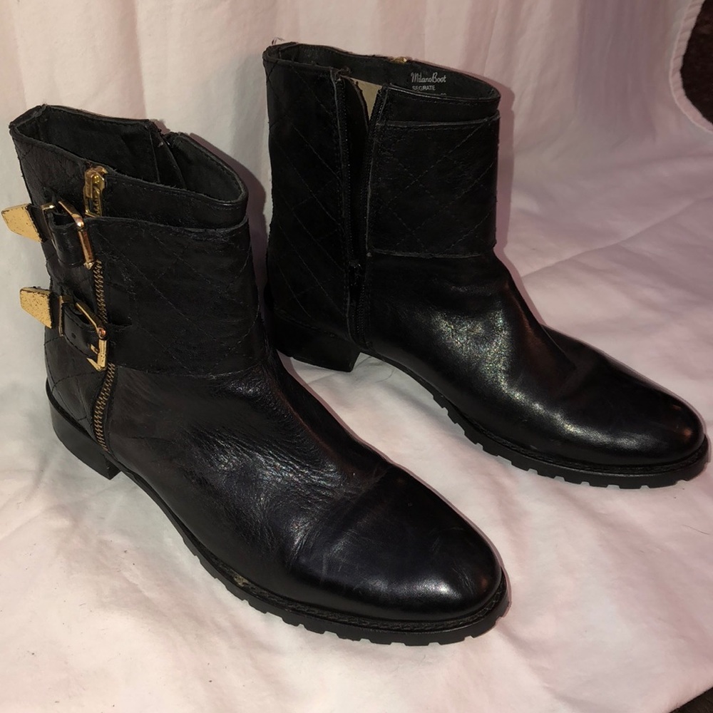 Black Leather Milano Bootie Gold Buckle detail